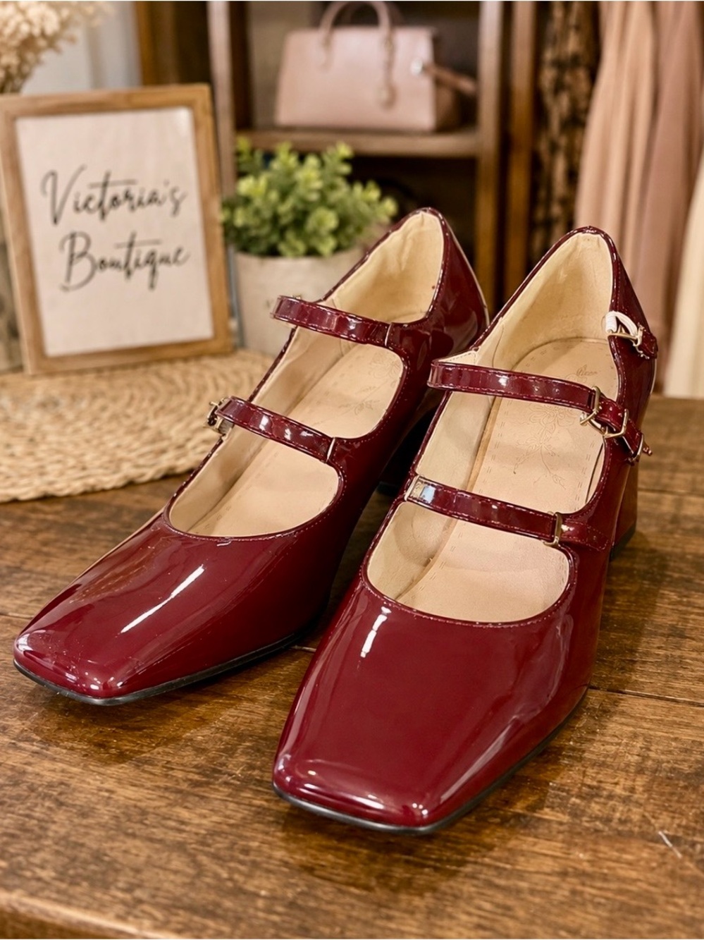Burgundy Patent Double Strap Mary Jane Block Heels Size 38 NWOT